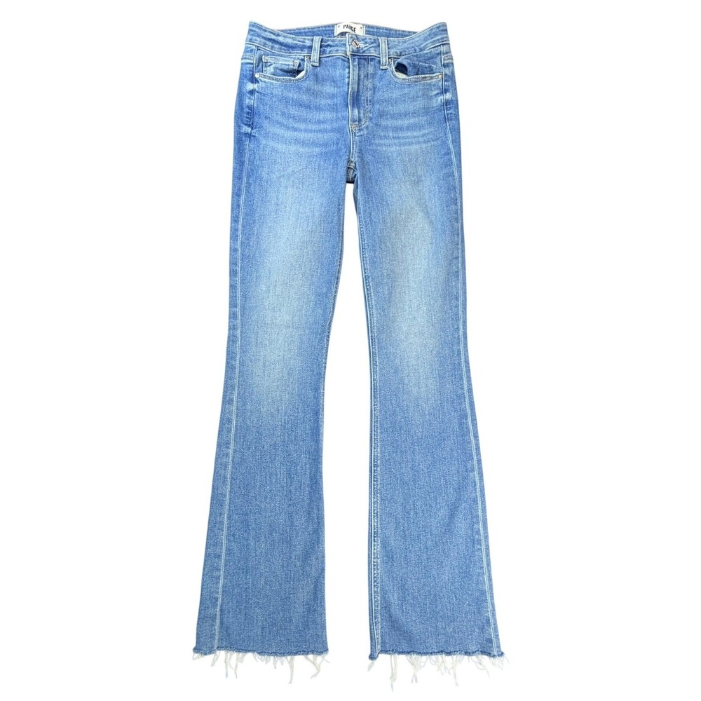 Paige High Rise Laurel Canyon Flare Jeans Women 27 Blue Raw Hem Stretch Denim